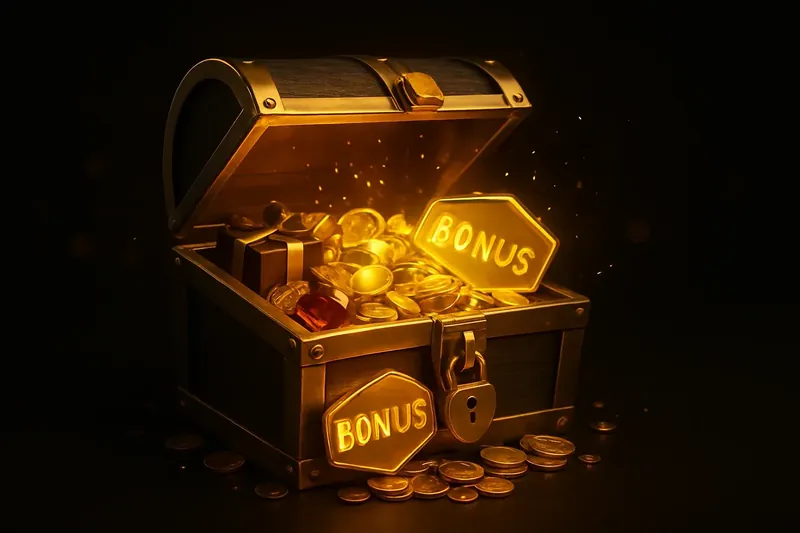 Golden treasure chest bursting with coins, gems, and bonus gifts
