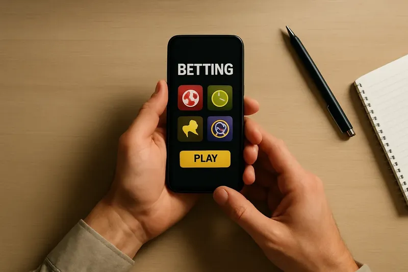 Man using phone with betting app at desk from above