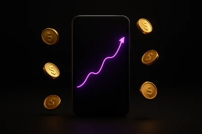 Mobile crash game interface with glowing graph and scattered coins