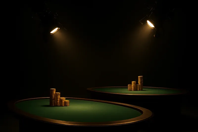 Overhead live casino studio with dealer tables, cameras, green felt, gold chips