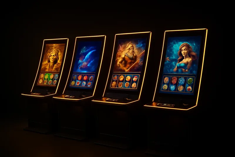Five vivid video slot screens with neon lighting and themed graphics
